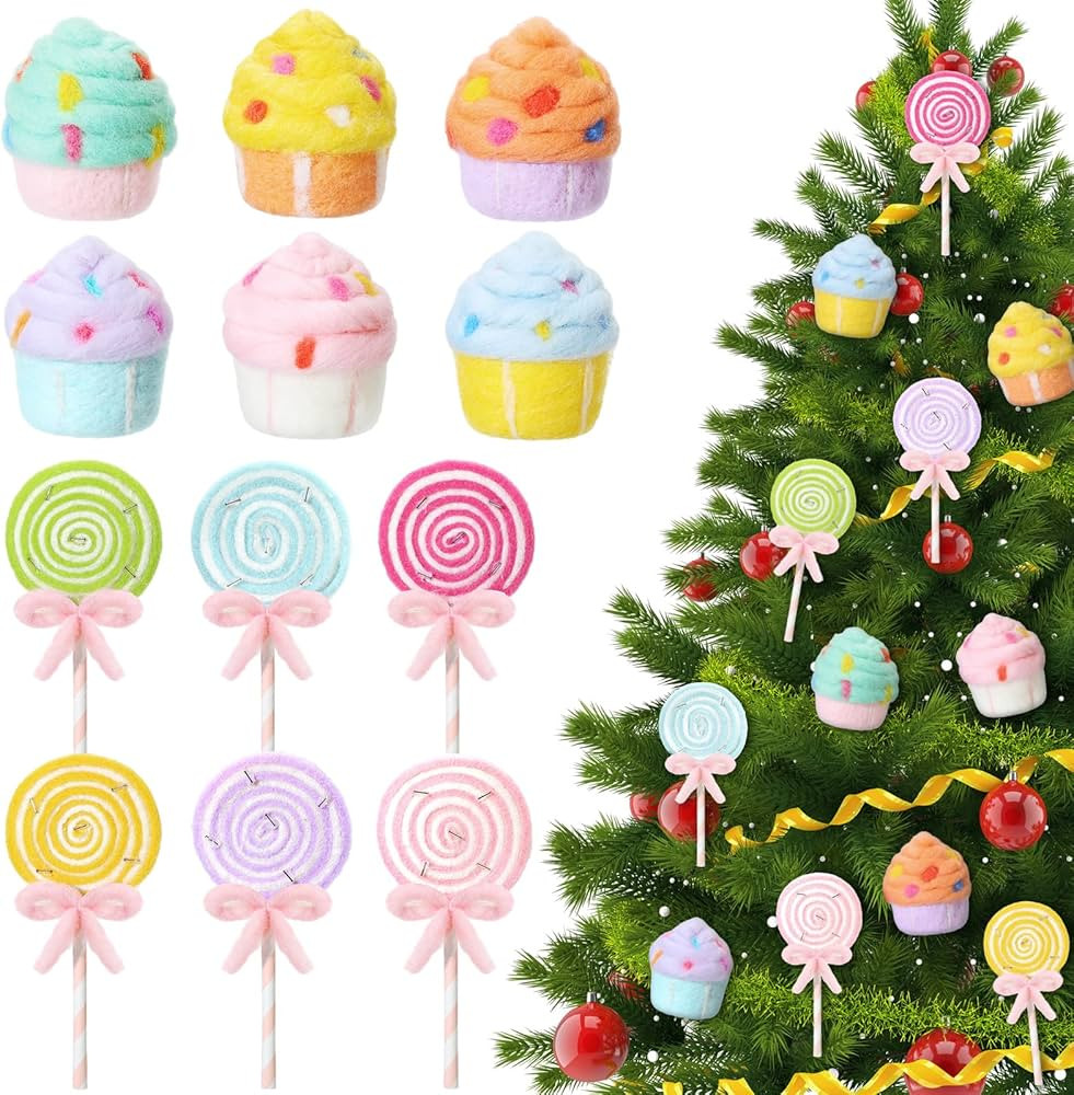 Liliful 12 Pcs Christmas Felted Wool Lollipop and Cupcake Hanging Ornament Wool Christmas Ornamen... | Amazon (US)