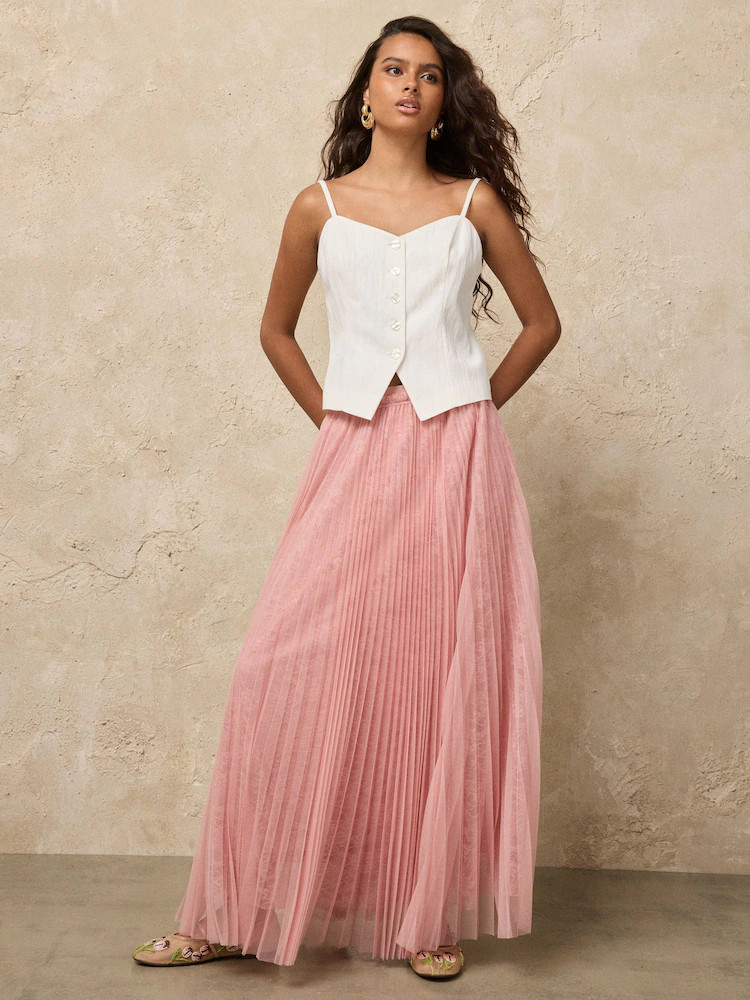 Pink Mesh and Lace Pleated Maxi Skirt | Next EU