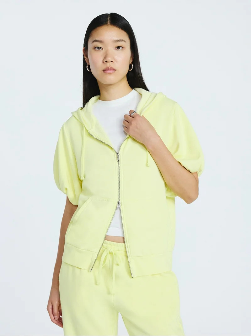 Scoop Women’s Mineral Washed Zip Hoodie with Short Puff Sleeves, Sizes XS-XXL | Walmart (US)