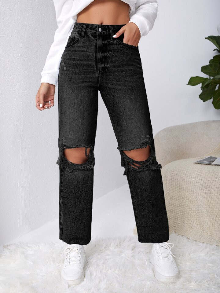 SHEIN EZwear Ripped Raw Cut Straight Leg Jeans | SHEIN