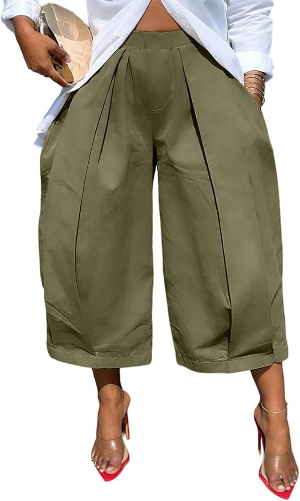 DINGANG Women's Wide Leg Capri Pants High Waisted Pleated Cropped Trousers Ankle Casual Palazzo P... | Amazon (US)