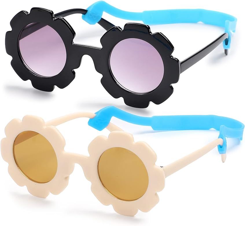 2 Pack Baby Girl Round Flower Sunglasses with Strap Toddler UV400 Protection Kids Sun Glasses for Ch | Amazon (US)