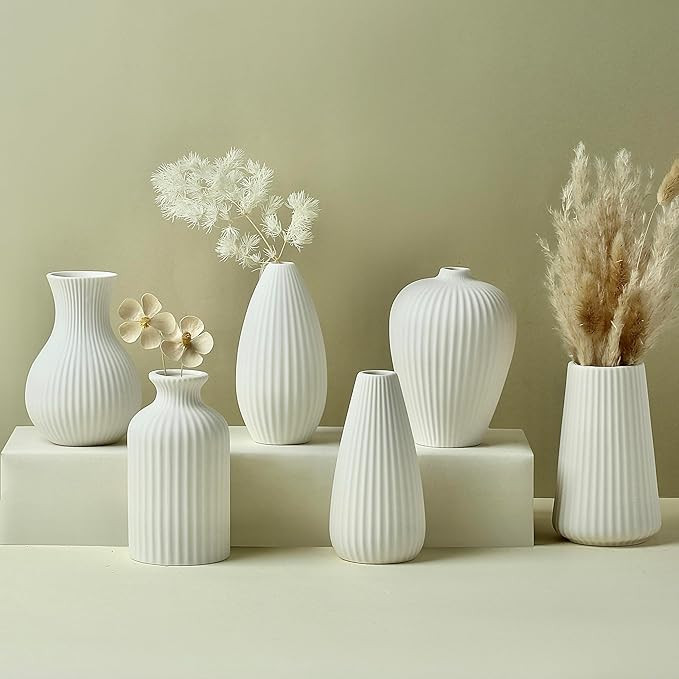 6'' White Ceramic Ribbed Bud Vase in Bulk, Set of 6 Small Pampas Grass Flower Vase for Modern Far... | Amazon (US)