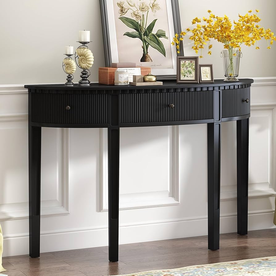 Distinctive Features of Pine Veneer Console Table with Vertical Stripe Drawer Fronts and 4 Legs, ... | Amazon (US)