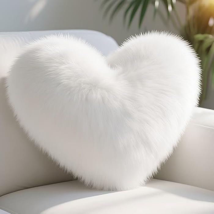 White Heart Pillow, Faux Fox Fur Heart Decorative Pillows, Heart Shaped Throw Pillow for Bed, Sof... | Amazon (US)