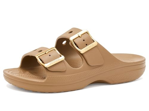 Crocs Women's Classic Saturday Sandals, Slides for Women, Sepia/Metallic Buckle, 8 | Amazon (US)