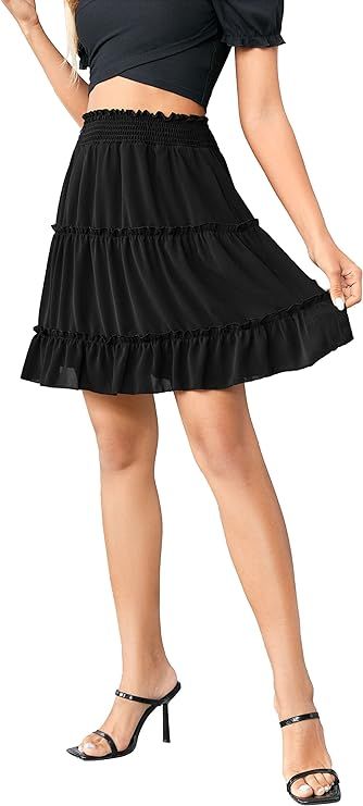Ermonn Womens Flared Short Skirt Stretchy Elastic Waist A Line Pleated Mini Skater Skirts | Amazon (US)