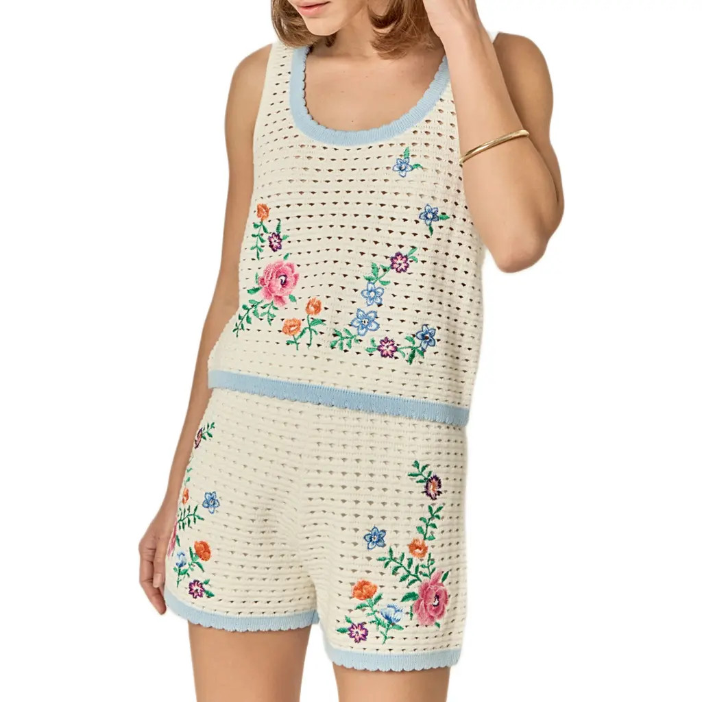 English Factory Floral Embroidered Sheer Crop Open Stitch Top in Off White at Nordstrom, Size Small | Nordstrom
