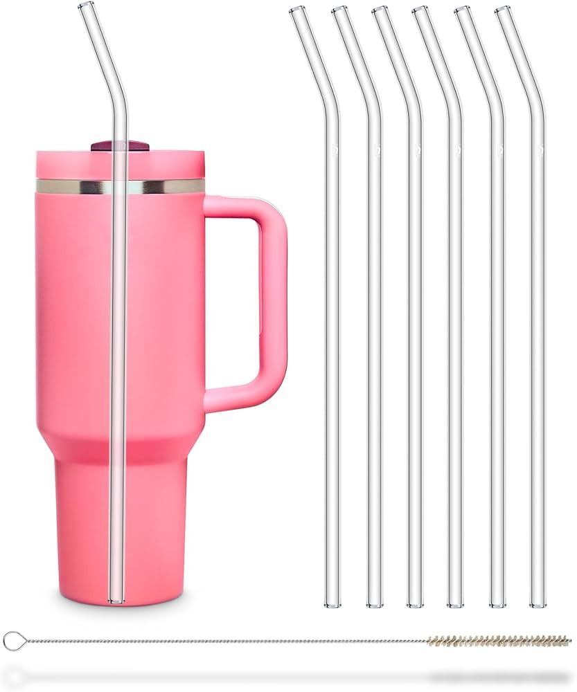 Halm Glass Straws - 6 Long 12 inch Bent Stanley Cup Replacement Drinking Straws + Plastic-Free Cl... | Amazon (US)