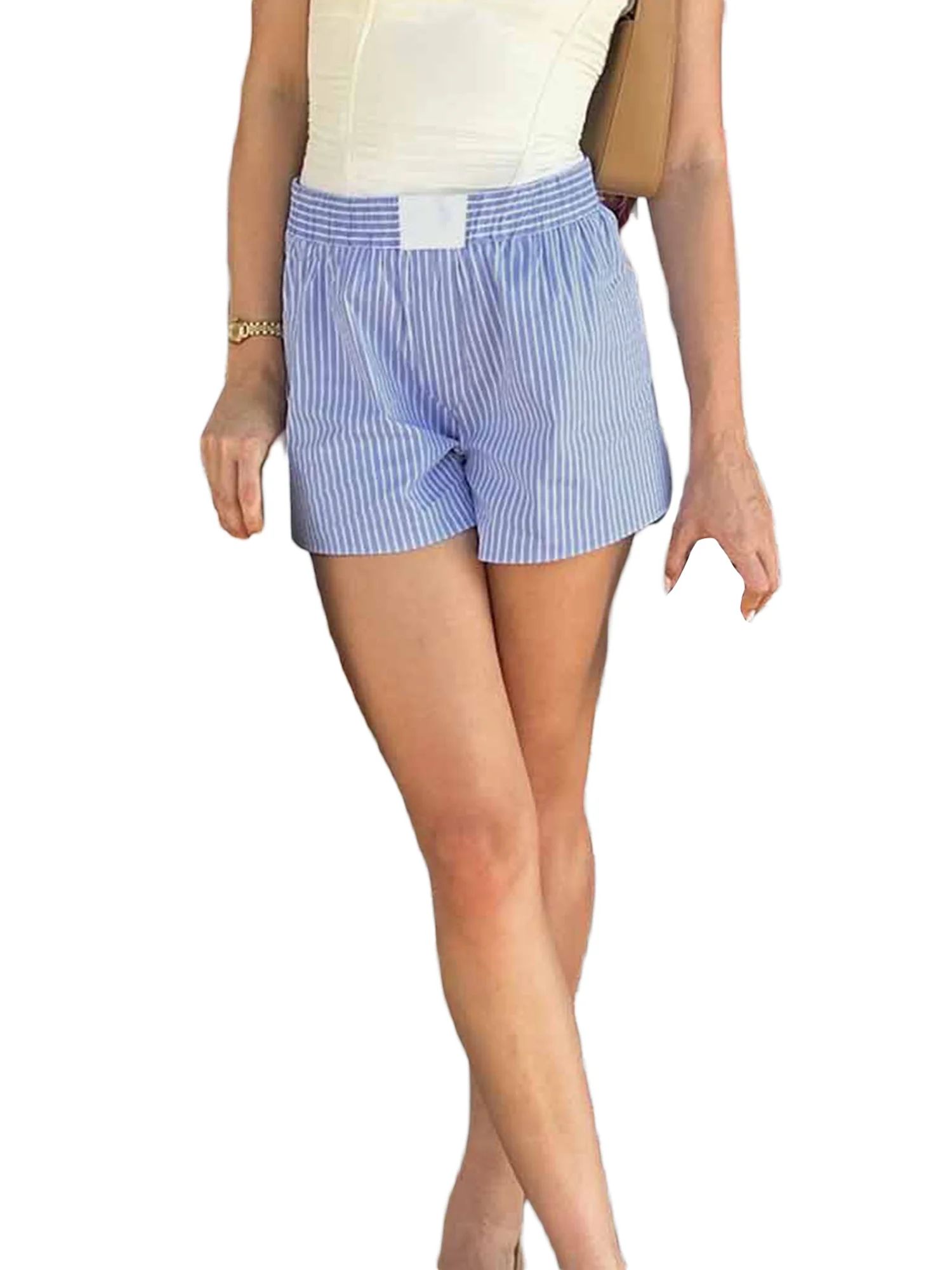 ZAXARRA Women Striped Shorts, Elastic Waist Summer Casual Shorts Streetwear for Daily Date | Walmart (US)