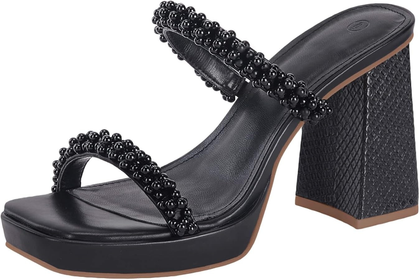 Coutgo Women's Platform Chunky High Heels Sandals Square Open Toe Strappy Pearl Slip On Slides | Amazon (US)