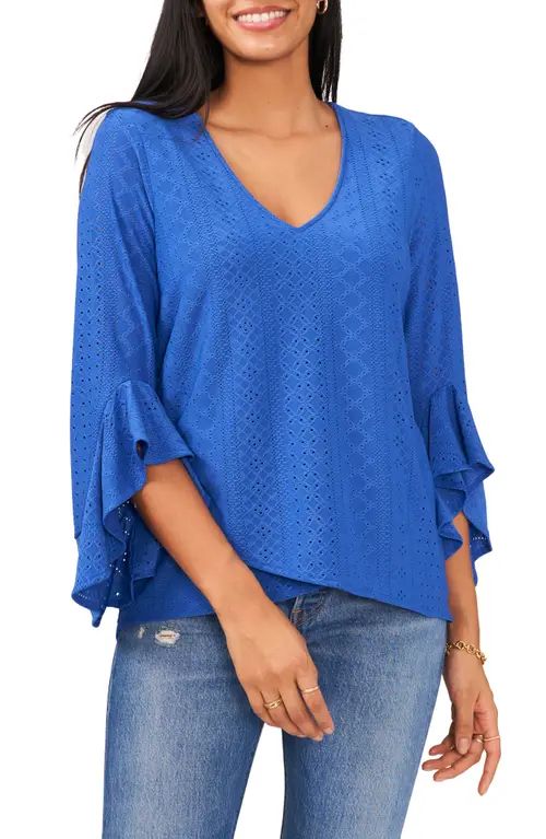 Vince Camuto Bell Sleeve Eyelet Blouse in Deep Azure at Nordstrom, Size Small | Nordstrom