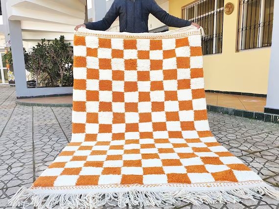 Orange Checkered Moroccan Rug Wool Hand Woven Genuine Moroccan | Etsy | Etsy (US)