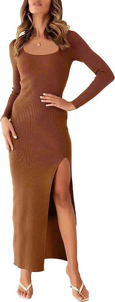 ANRABESS Women's Long Sleeve Square Neck Slit Bodycon Sweater Dress Ribbed Knit Slim Fit Maxi Long D | Amazon (US)