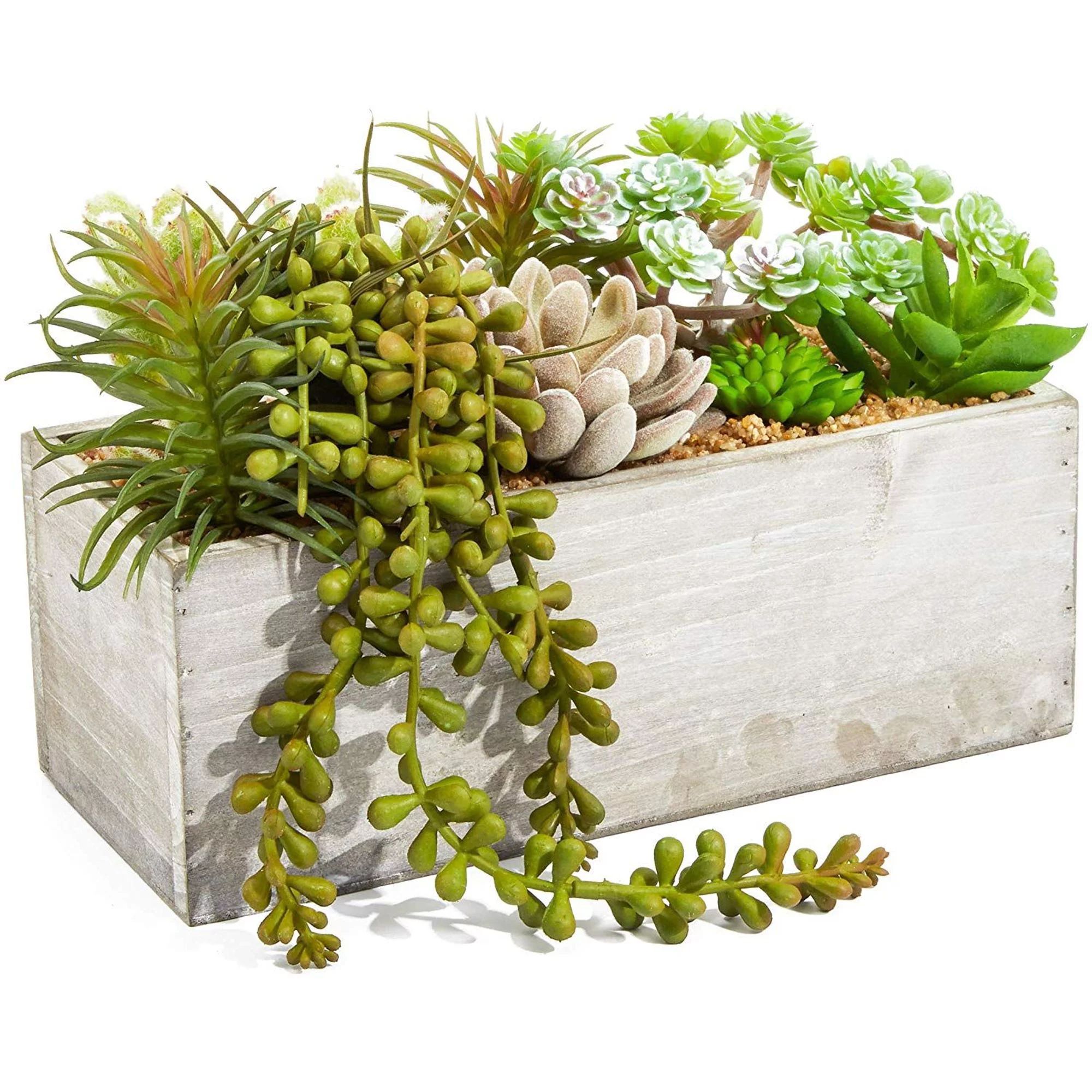 Artificial Mixed Succulent Plants in Rectangular Wooden Planter Box (9 x 4 x 5 inches) for, Indoo... | Walmart (US)