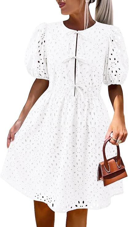 KIRUNDO Eyelet Summer Dresses for Women 2025 Short Sleeve Tie Front Babydoll A Line Wedding Guest... | Amazon (US)