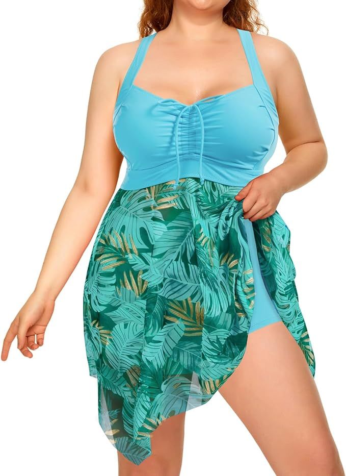 Daci Plus Size Two Piece Swim Dress with Boyshorts for Women Mesh Swimsuits Flowy Bathing Suits | Amazon (US)