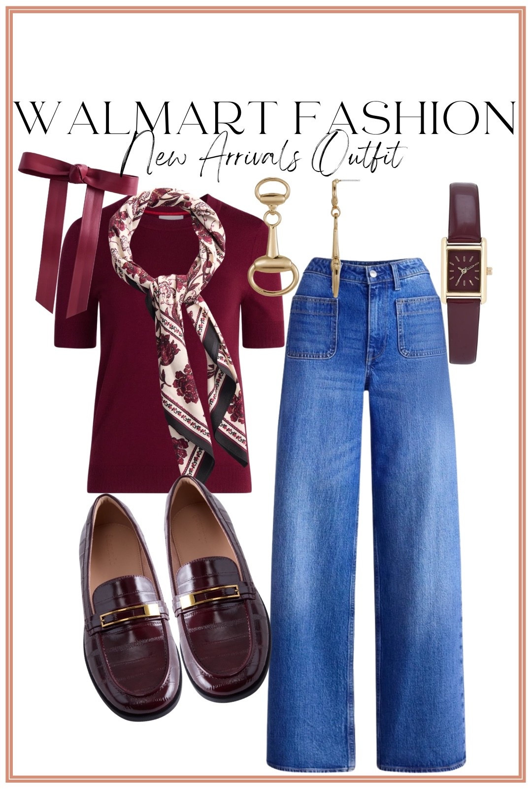 The COLORS in this brand new Walmart fall outfit! 🍷🤎 This rich burgundy top paired with wide leg jeans is such a pretty combination for fall, and the accessories make the whole look! Burgundy loafers, a printed scarf, bow detail, gold jewelry and a coordinating watch give this affordable Walmart outfit such an elevated, classic feel.

I love finding Walmart new arrivals that can be mixed and matched into outfits that look so polished without the expensive price tag. This one would be perfect for work, lunch, school events, shopping or a cute casual fall day!

#walmartfashion #walmartfinds #walmartnewarrivals #walmartstyle #walmartfashionfinds #fallfashion #falloutfitideas #burgundyoutfit #widelegjeans #loafers #affordablefashion #affordablestyle #walmartoutfit #classicstyle #fallstyle

#LTKootd #LTKPetite