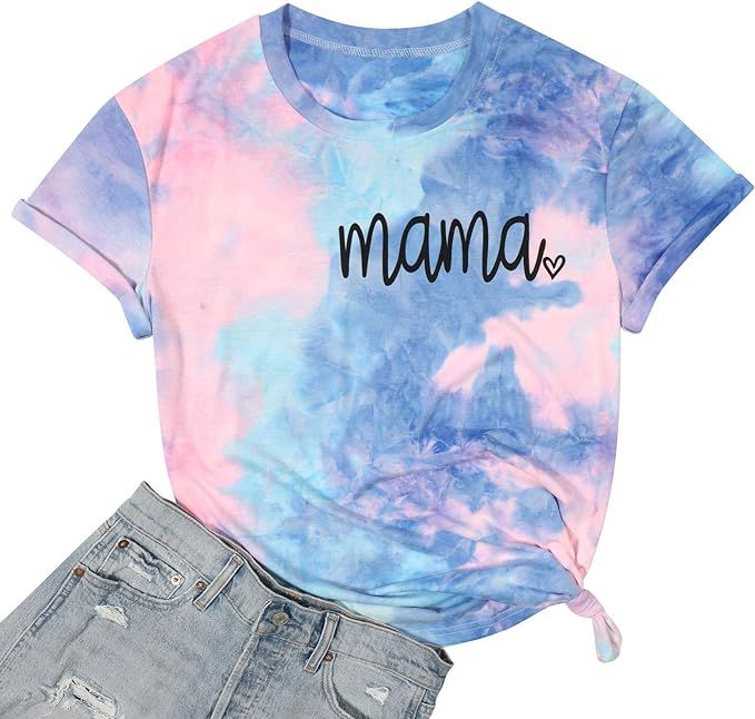 Camouflage Shirts Women Tie Dye Mama Letter Printed T-Shirt Heart Graphic Casual Short Sleeve Tee... | Amazon (US)