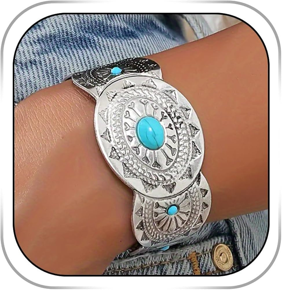 Boho Cuff Bracelets for Women Silver Wide Bracelet Chunky Turquoise Bracelets Western Cowgirl Ban... | Amazon (US)