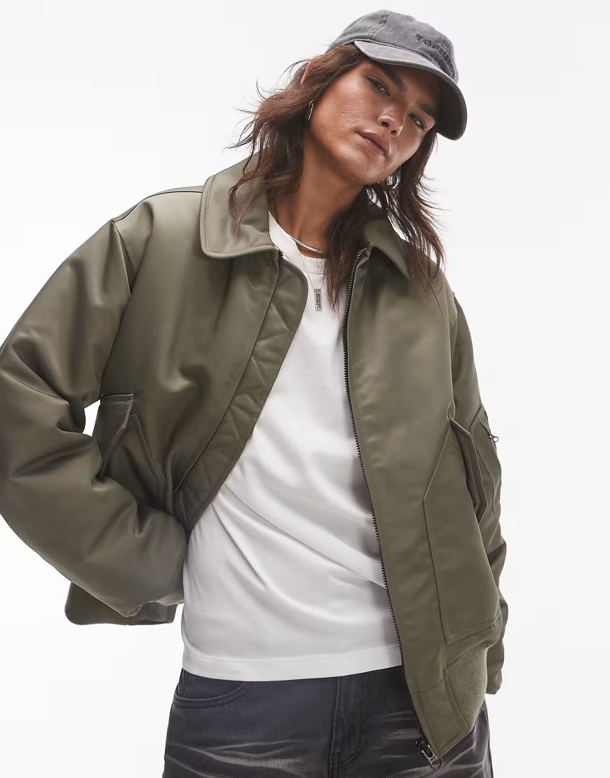 Topshop twill nylon bomber jacket in khaki-Green | ASOS (Global)