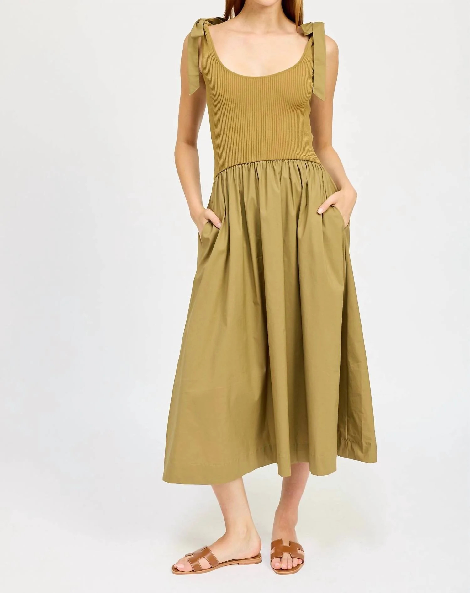 Wren Mixed Media Midi Dress In Khaki | Shop Simon