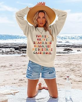 BANGELY Women Turkey Gravy Beans Thanksgiving Sweatshirt Funny Turkey Print Pullover Top Thankful... | Amazon (US)