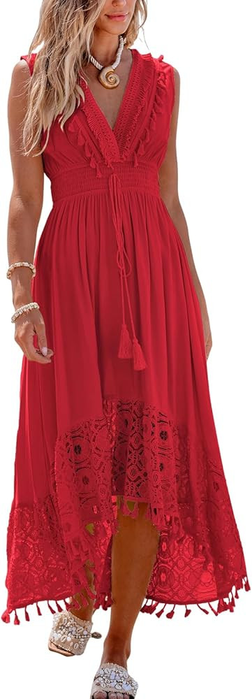 CUPSHE Women's Maxi Dress V Neck Sleeveless Lace Tassel Smocked Waist Cover Up Beach Formal Long ... | Amazon (US)