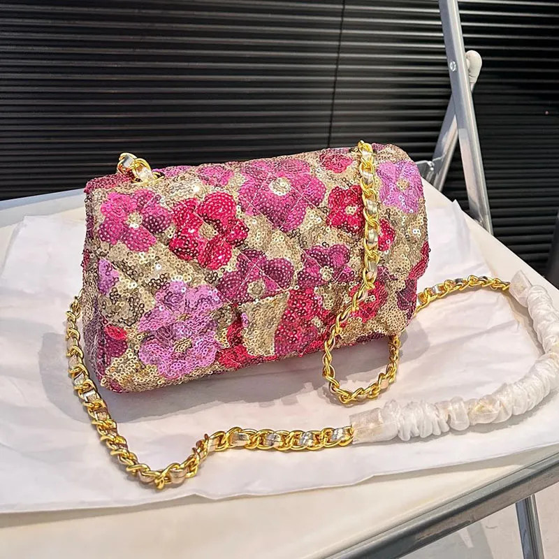 Colorful Flower Pattern Designer Ladies Flap Bag Shiny Sequins Decoration Golden Hardware Matelas... | DHGate