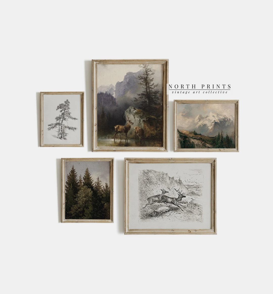 Vintage Rustic Nursery Gallery Wall SET Deer Mountain Cabin Moody Decor North Prints Digital PRIN... | Etsy (US)