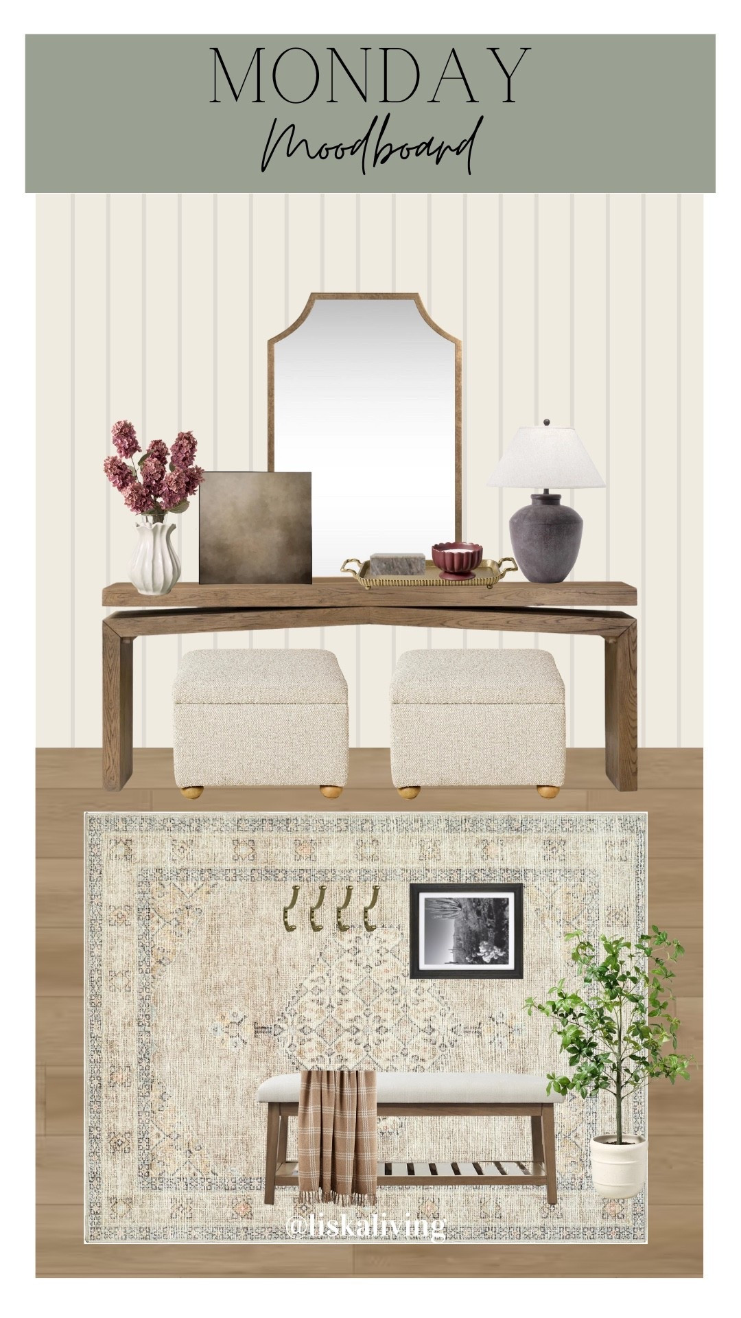✨MONDAY MOODBOARD - ENTRYWAY✨

I love the transitional feel of this space. I’ve been leaning moody with a lot of my designs lately so I wanted to switch it up for all of my neutral lovers out there! 

Essentials for an entryway
1) Table or surface to ground the space
2) Lamp to add mood lighting (bonus if you have it on a timer as it adds a level of safety at night)
3) Some type of tray or dish as a catch all for keys or wallets
4) A mirror or artwork to elevate the space (or both!)
5) A bench or ottoman to sit and put on shoes, bonus points for extra storage
6) Hooks or a place to hang coats and/or purses and bags

✨FOLLOW @liskaliving and @oakandolive_designs for more home styling inspo and curated moodboards like this one! Thanks for being here! 🤍

✨SAVE this post for later!
.
.
.
.
.
.
#mondaymoodboard #moodboardaccount #moodboardinterior #moodboardpage #moodboardinspiration #designboard #interiordesign #homestyling #homestylinginspo #entryway #entrywaydecor #entrywayinspo #transitionaldesign

#LTKFindsUnder100 #LTKHome #LTKStyleTip