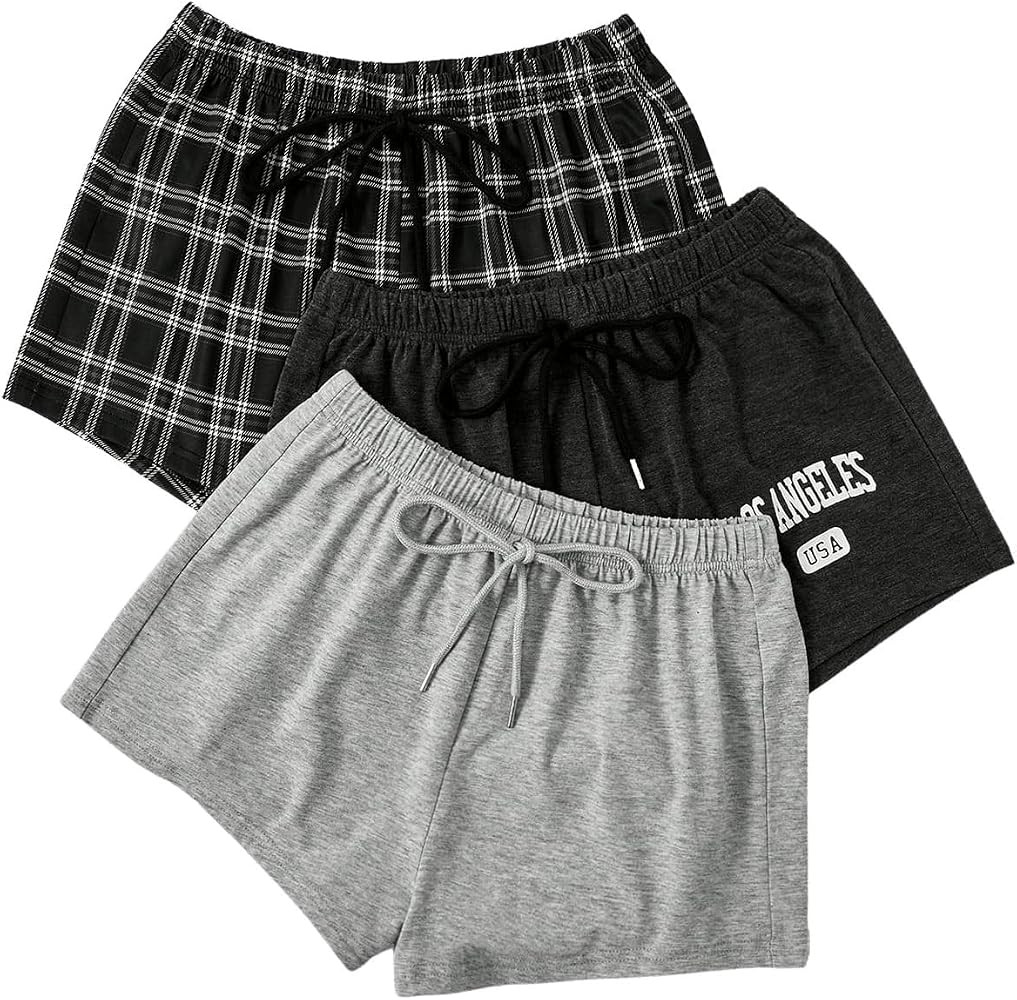 WDIRARA Women's 3 Pack Plaid Letter Graphic Pajama Shorts Lounge Shorts | Amazon (US)