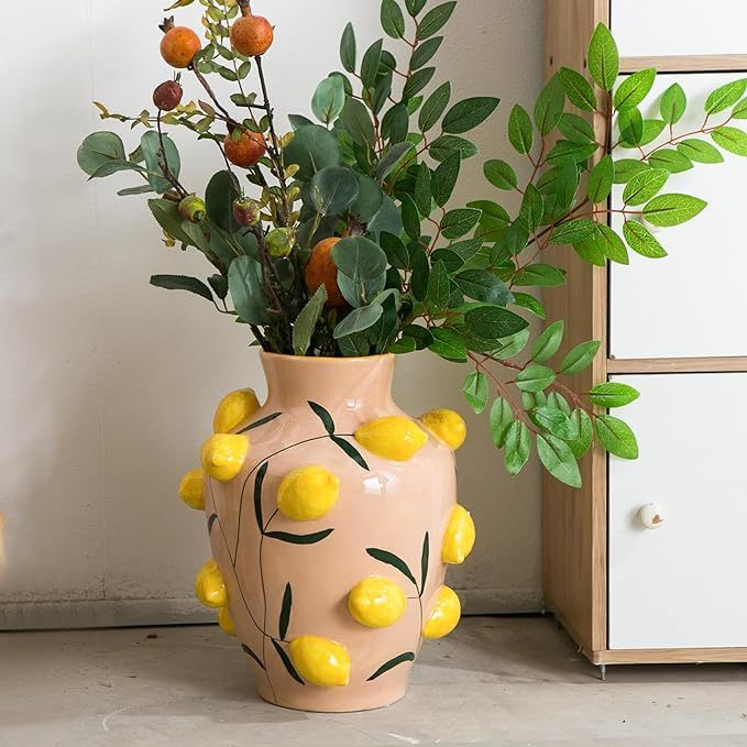 Lemon Ceramic Vase, Fruit Floor Vase for Modern Home Decor, Decorative Pottery Vase for Flowers, ... | Amazon (US)