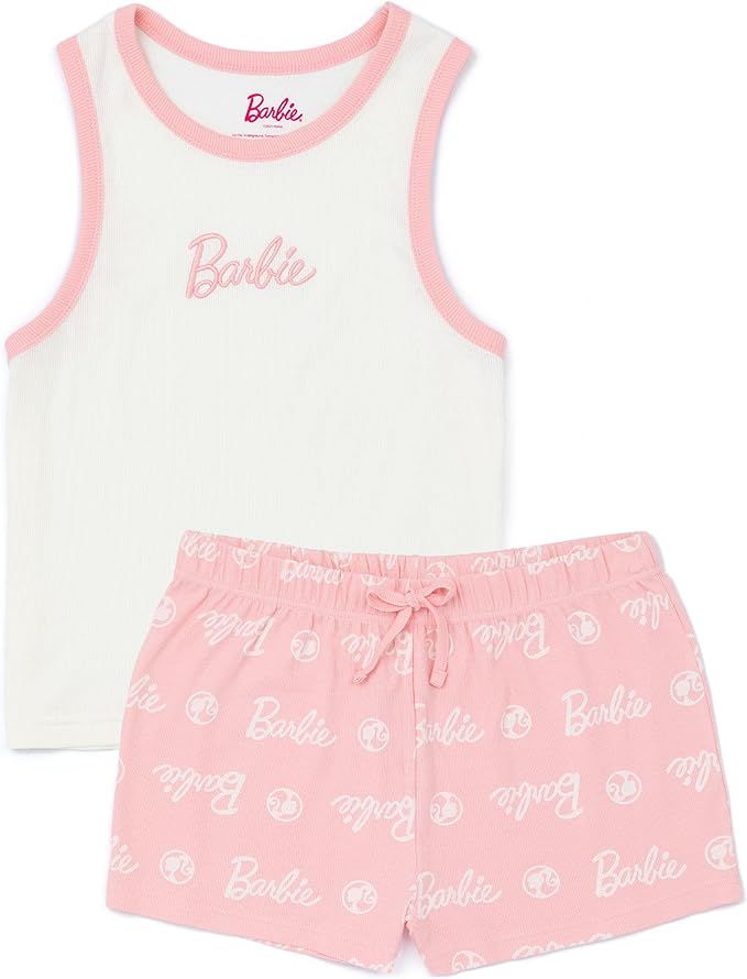 Barbie Ladies Short Pyjamas Womens Doll Logo Ribbed White Vest With Pink Elasticated Shorts Sleep... | Amazon (US)