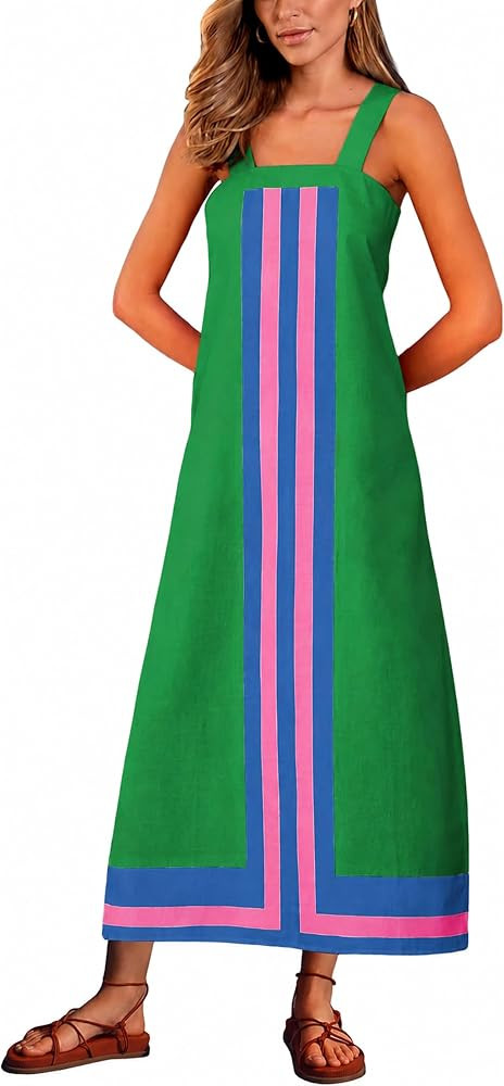 Ailoqing 2026 Women Bohemian Floral Dress Summer Casual Color Block Maxi Beach Overall Dress Cove... | Amazon (US)