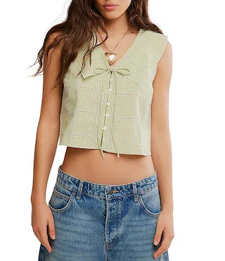 Free People Waiting For Me Plaid Print Collared V-Neck Sleeveless Cropped Top | Dillard's | Dillard's