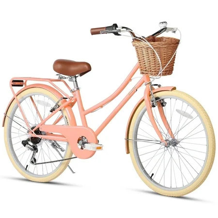 Glerc Missy 24" Girl Cruiser Kids Bike Shimano 6-Speed Teen Hybrid City Bicycle with Rack for Youth Ages 7 8 9 10 11 12 13 14 Years Old Wicker Basket & Lightweight, Peach | Walmart (US)