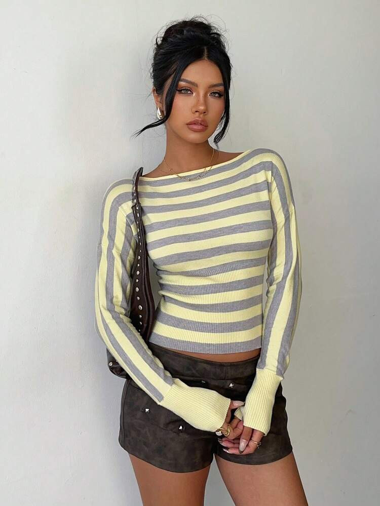 Yellow Stripe Sweater  | SHEIN
