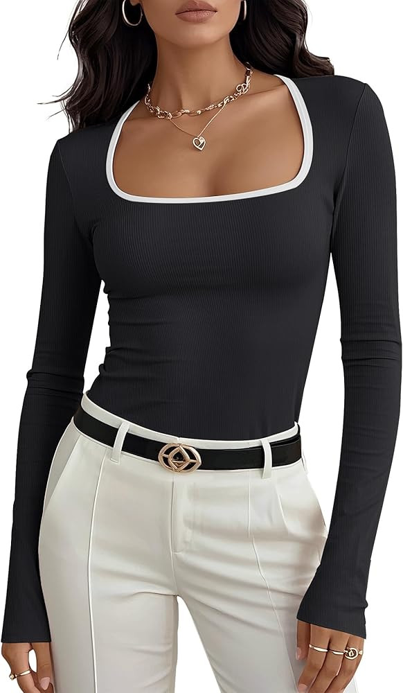 Prettywear Womens Long Sleeve Basic Tops Square Neck Ribbed Knit Color Block Shirts Fitted | Amazon (US)