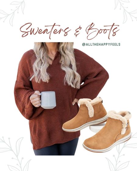 Sweater and boots. Pink lily, rust sweater, qvc, cloudsteppers, Fall sweater, cozy sweater, autumn sweater, boots, booties, fuzzy boots, warm boots, tan boots, allthehappyfeels, autumn outfit, 

#LTKunder100 #LTKSeasonal #LTKunder50