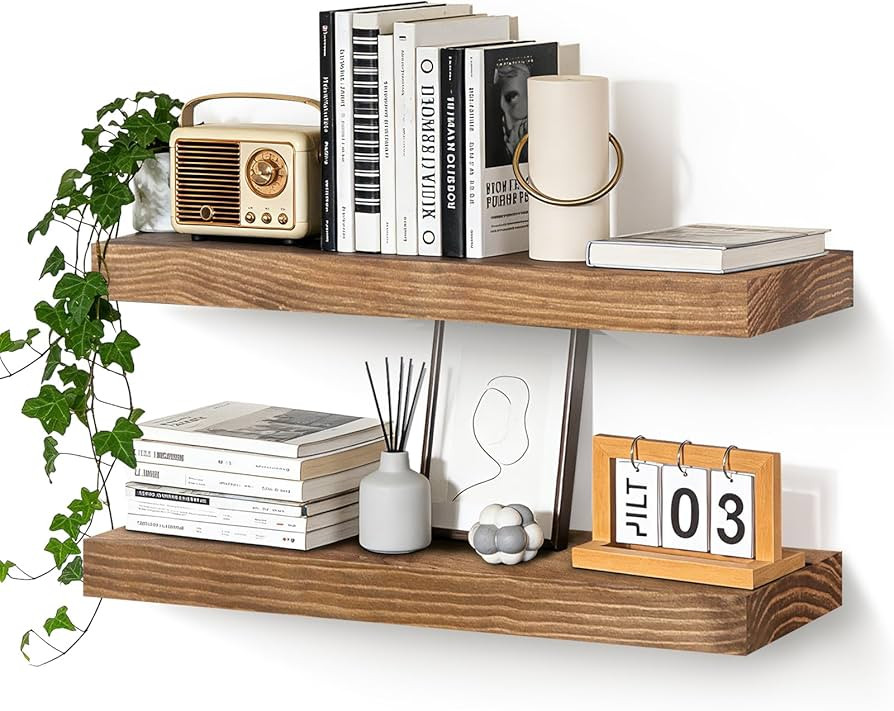 Floating Wall Shelves 24x6.8x1.7 Inch – Solid Wood Rustic Shelves in Dark Oak Finish – Wall M... | Amazon (US)