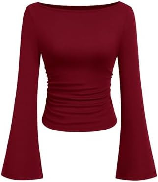 PRETTYGARDEN Women's Long Sleeve Shirts 2025 Fall Crop Going Out Tops Casual Boat Neck Bell Sleev... | Amazon (US)