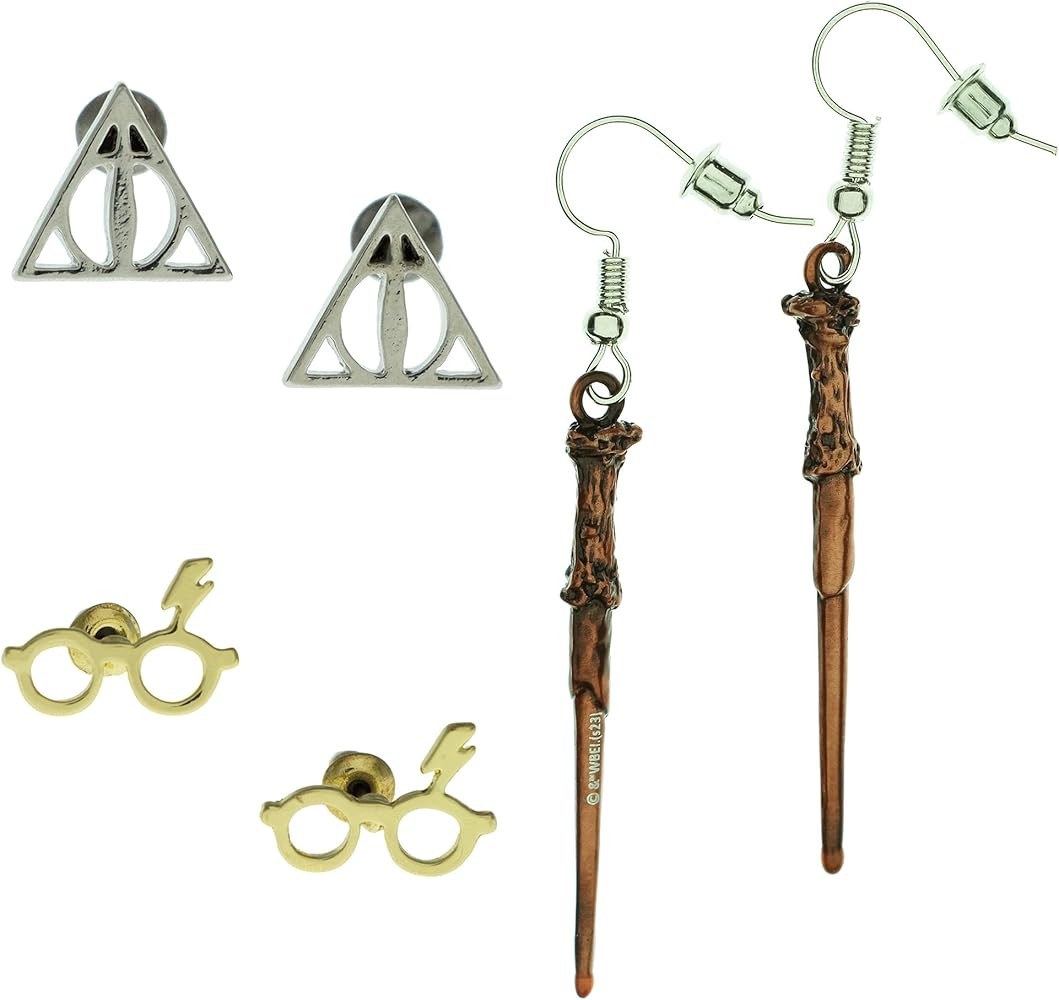 Harry Potter Earrings For Women 3 Pack Deathly Hallows, Lightning Scar, Harry Potter Wand | Amazon (US)
