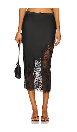 Silk And Lace Scallop Midi Skirt in Black | Revolve Clothing (Global)