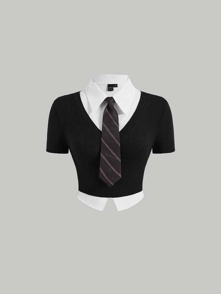 SHEIN MOD Solid Ribbed Knit 2 In 1 Tee With Tie | SHEIN