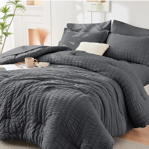 HYMOKEGE Queen Comforter Set Seersucker 7 Pieces, All Season Luxury Bed in a Bag for Bedroom, Bedding Set with Comforters, Sheets, Pillowcases & Shams, Dark Grey | Amazon (US)