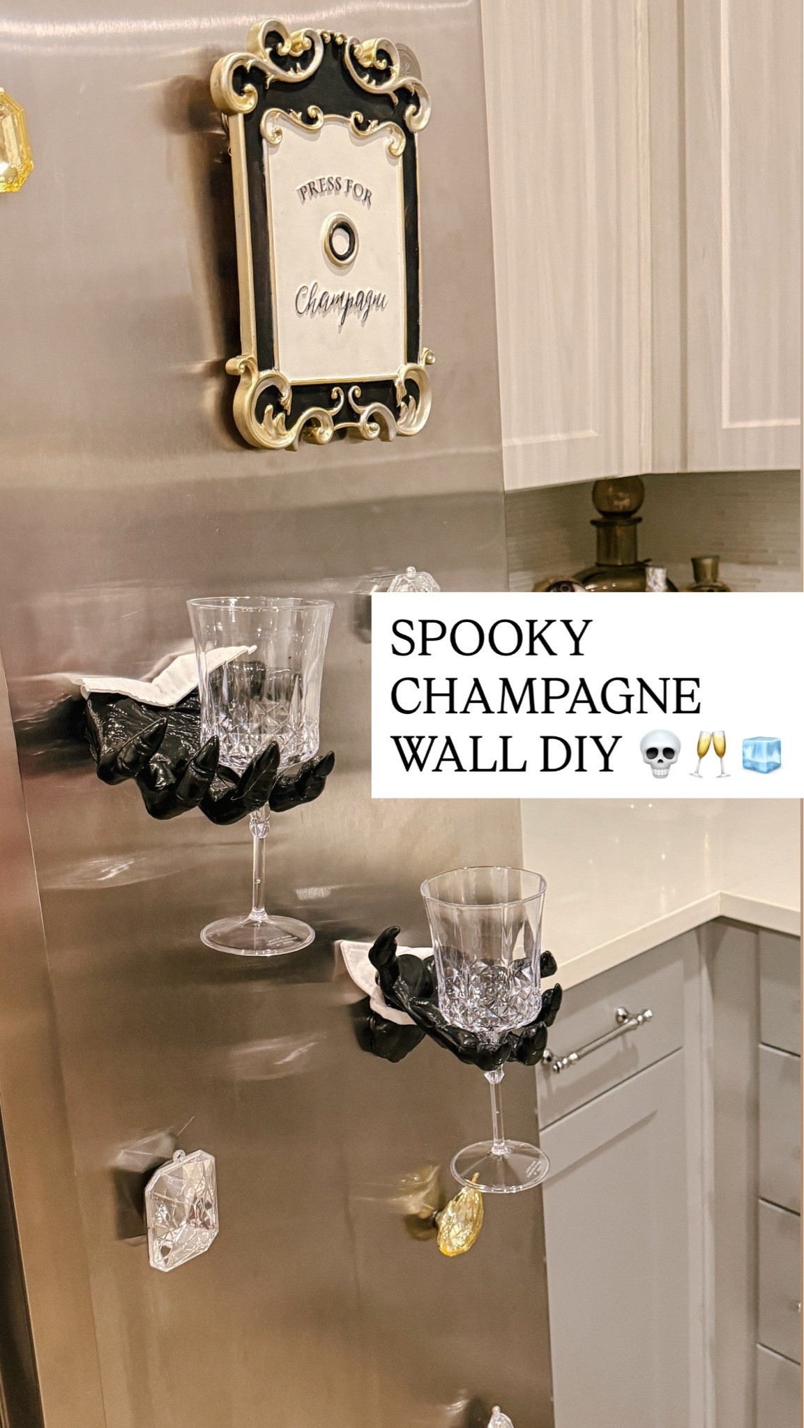 Linkable supplies from the champagne wall hands! 

I linked some similar glasses but I personally got mine at the dollar tree (so there isn’t a direct link) so I’d check there for a cheaper option if you can! 

The champagne sign is also a similar one since mine is old and I just painted over it! Since it’s not exact I will warn I’m not sure how heavy it is. I honestly recommend attaching with command strips instead if you can or getting a bigger heavy duty magnet!

#LTKvlog #LTKHome #LTKSeasonal