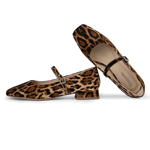 Honeysolo Women's Leopard Mary Jane Flats Square Toe Ballet Flats Size 9.5 | Amazon (US)