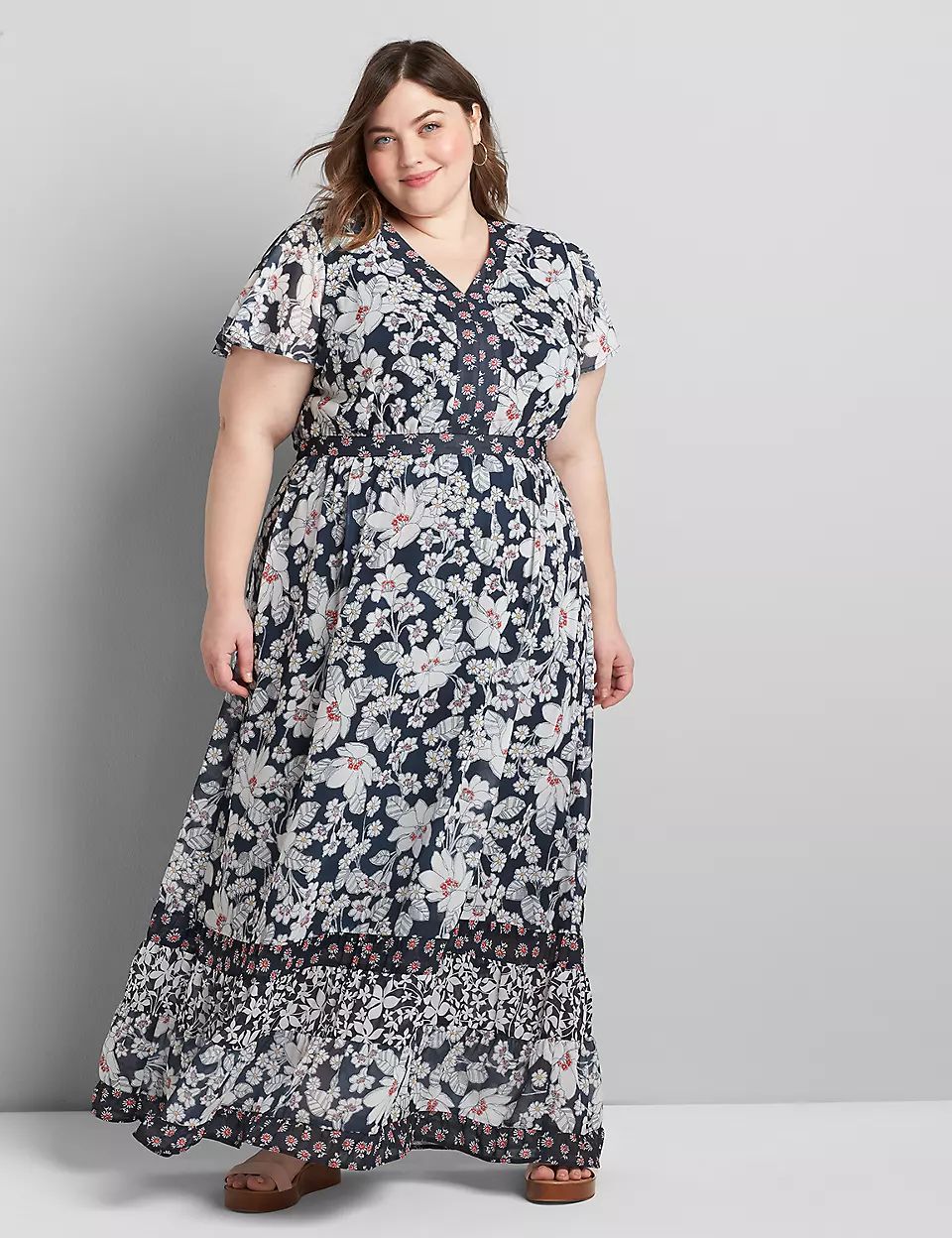 Mixed-Print Flutter-Sleeve Maxi Dress | Lane Bryant (US)