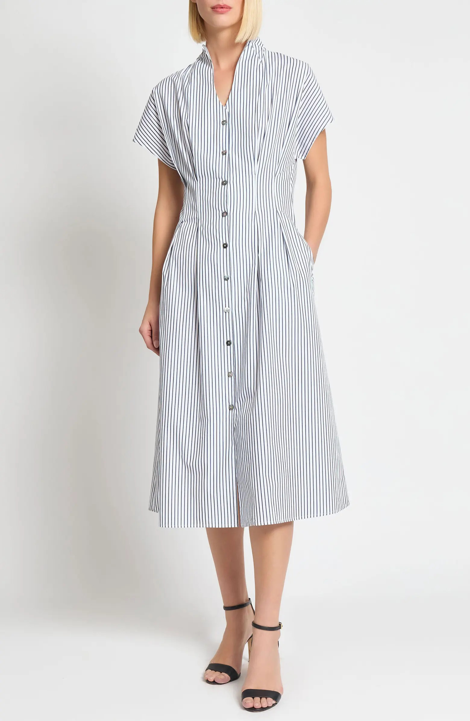 x Tanya Foster Pinstripe Cotton Fit & Flare Midi Dress | Nordstrom